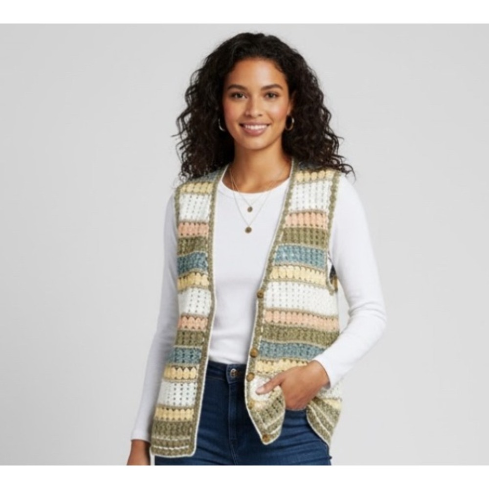 Koret Francisca Crochet Sweater Vest Womens M Multi Color Boho Striped
